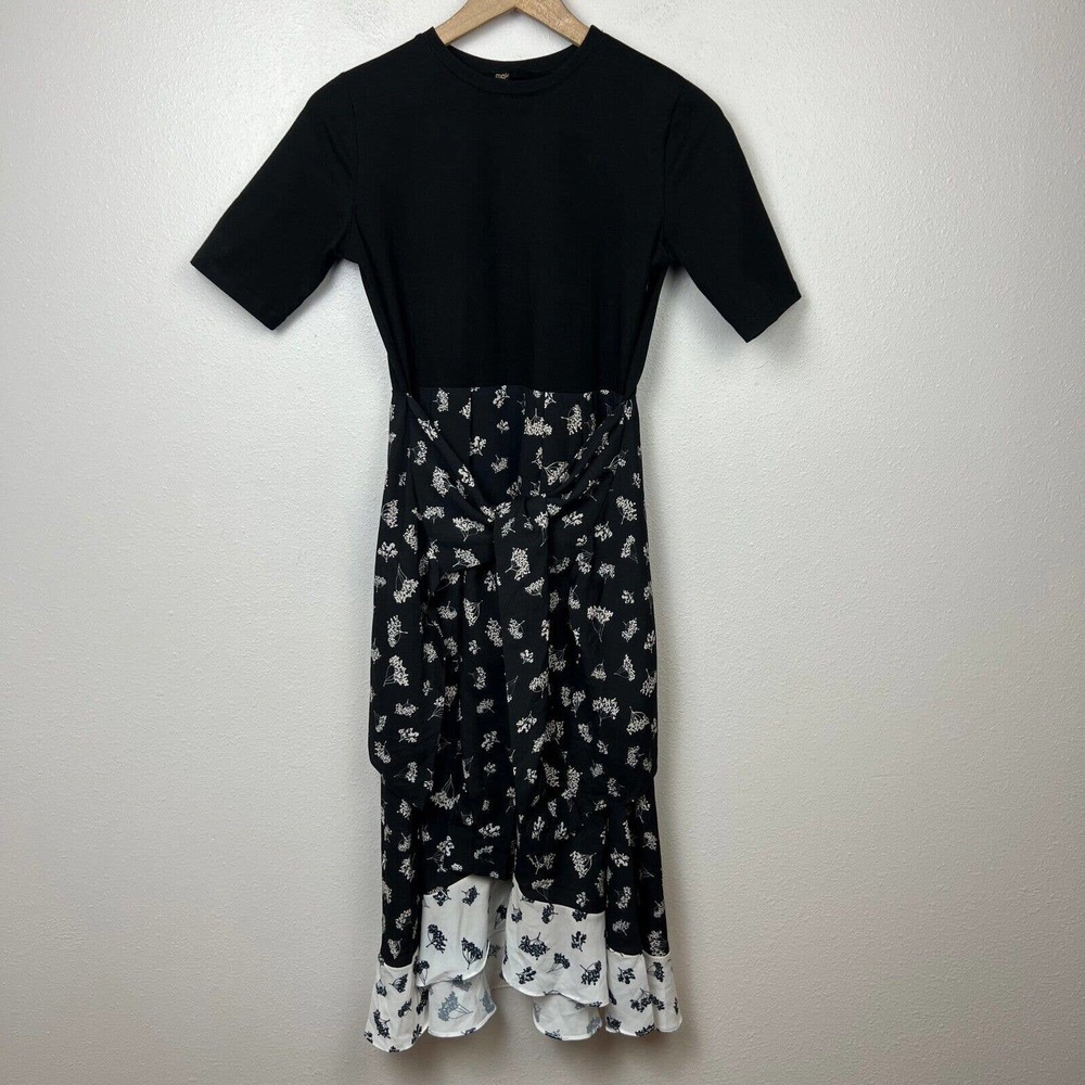 Maje Womens Floral Print Black Faux Wrap Midi Dress Size 2 Short Sleeve Side Zip